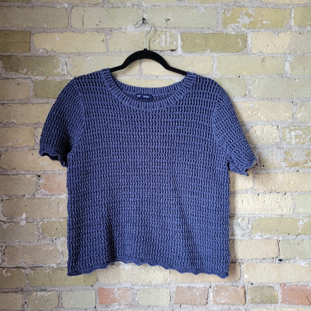 Gap Navy Open Knit Crochet Sweater Top Womens Medium Tall Short Sleeve Coastal